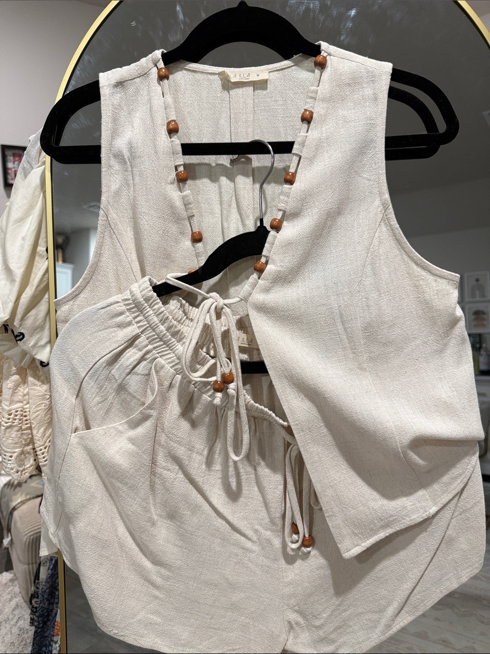 Cream Linen-Blend Sleeveless Set with Bead Trim